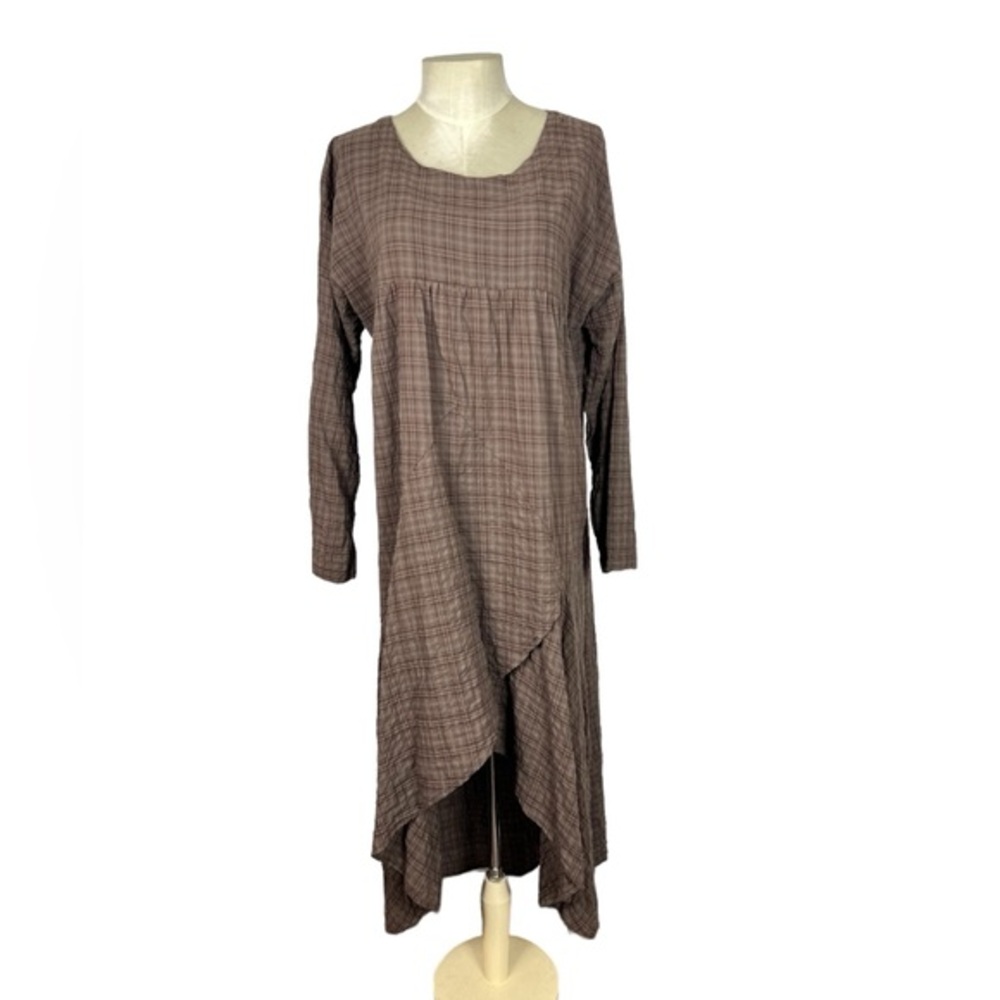 Lagenlook‎ brown plaid dress tunic Size Large brown plaid Primitive cottagecore